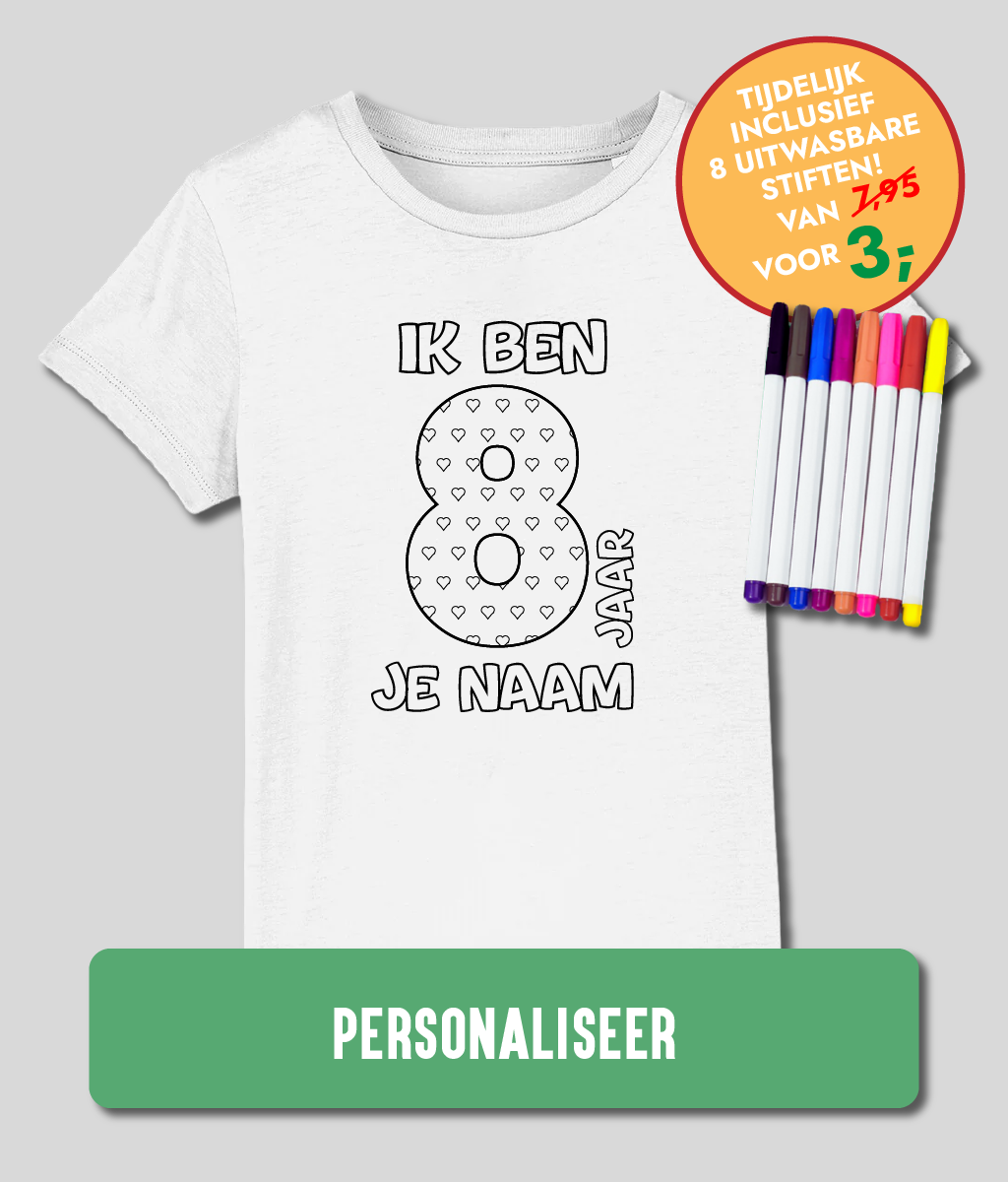 Verjaardag 8 jaar? Shirt met eigen naam en leeftijd inkleuren! – Kleuren voor Kids